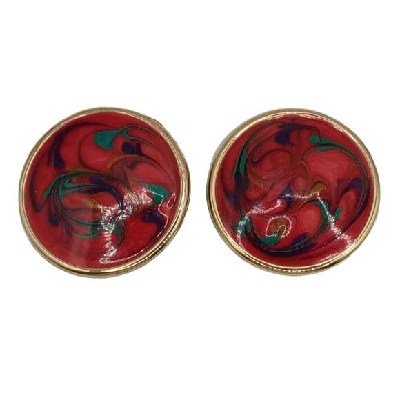 🌈 Vintage Swirl Enamel Earrings 💜 Clip-On Statement Retro Gold Tone - Picture 2 of 12